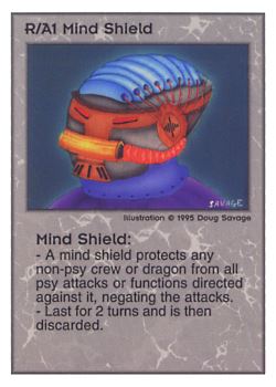 Need: 0    Want: 0    Have: 140    Will Trade: 132    In Storage: 50              R/A1 ‑ Mind Shield  Set: PoM  Rarity: U1    Artist: Doug Savage    