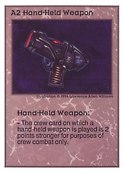Need: 0    Want: 0    Have: 152 (+50)    Will Trade: 148    In Storage: 40              A2 ‑ Hand‑Held Weapon  Set: UE  Rarity: U1    Artist: Lawrence Allen Williams    