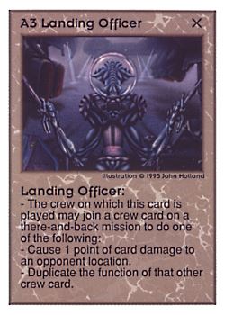 Need: 0    Want: 0    Have: 134    Will Trade: 126    In Storage: 38              A3 ‑ Landing Officer  Set: UE  Rarity: U1    Artist: John Holland    