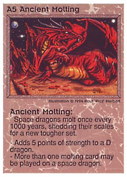 Need: 0    Want: 0    Have: 31 (+37)    Will Trade: 27    In Storage: 21              A5 ‑ Ancient Molting  Set: PE  Rarity: V2    Artist: Paul 'Prof' Herbert    