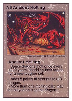 Need: 0    Want: 0    Have: 37 (+31)    Will Trade: 33    In Storage: 5              A5 ‑ Ancient Molting  Set: UE  Rarity: V4    Artist: Paul 'Prof' Herbert    