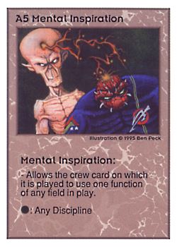 Need: 0    Want: 0    Have: 222 (+134)    Will Trade: 218    In Storage: 45              A5 ‑ Mental Inspiration  Set: UE  Rarity: U1    Artist: Ben Peck    