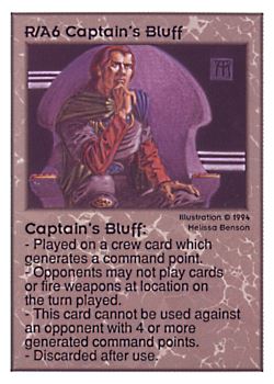 Need: 0    Want: 0    Have: 39 (+9)    Will Trade: 36    In Storage: 31              R/A6 ‑ Captain's Bluff  Set: UE  Rarity: V1    Artist: Melissa A. Benson    