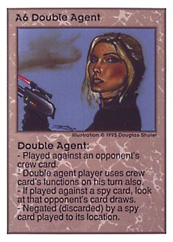Need: 0    Want: 0    Have: 92 (+10)    Will Trade: 89    In Storage: 50              A6 ‑ Double Agent  Set: UE  Rarity: R1    Artist: Douglas Shuler    