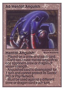 Need: 0    Want: 0    Have: 99 (+9)    Will Trade: 96    In Storage: 50              A6 ‑ Mental Anguish  Set: UE  Rarity: R1    Artist: Bryon Wackwitz    