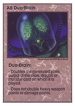 Need: 0    Want: 0    Have: 18 (+11)    Will Trade: 16    In Storage: 10              A8 ‑ Duo‑Brain  Set: UE  Rarity: V1    Artist: Ben Peck    