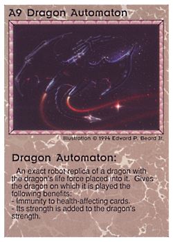 Need: 0    Want: 0    Have: 10 (+31)    Will Trade: 8    In Storage: 5              A9 ‑ Dragon Automaton  Set: PE  Rarity: V1    Artist: Edward P. Beard Jr.    