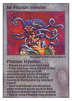 Need: 0    Want: 0    Have: 165    Will Trade: 159    In Storage: 47              A6 ‑ Filarian Infester  Set: PoM  Rarity: R1    Artist: Melissa A. Benson    