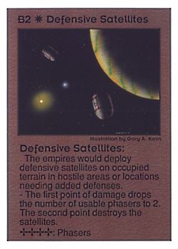 Need: 0    Want: 0    Have: 276 (+9)    Will Trade: 272    In Storage: 50              B2 ‑ Defensive Satellites (Planet Right)  Set: UE  Rarity: C1    Artist: Gary A. Kalin    