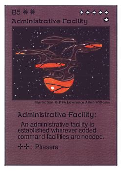 Need: 0    Want: 0    Have: 101 (+48)    Will Trade: 97    In Storage: 50              B5 ‑ Administrative Facility  Set: UE  Rarity: R1    Artist: Lawrence Allen Williams    