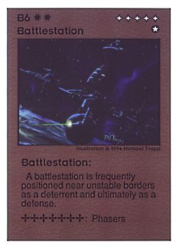 Need: 0    Want: 0    Have: 100 (+59)    Will Trade: 97    In Storage: 50              B6 ‑ Battlestation  Set: UE  Rarity: R1    Artist: Michael Trapp    