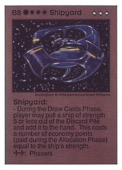 Need: 0    Want: 0    Have: 19 (+6)    Will Trade: 17    In Storage: 10              B8 ‑ Shipyard  Set: UE  Rarity: V1    Artist: Lawrence Allen Williams    