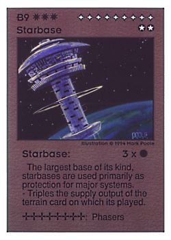 Need: 0    Want: 0    Have: 28 (+3)    Will Trade: 26    In Storage: 16              B9 ‑ Starbase  Set: UE  Rarity: V1    Artist: Mark Poole    