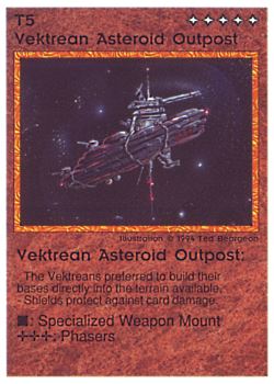 Need: 0    Want: 0    Have: 54    Will Trade: 46    In Storage: 31              T/B5 ‑ Vektrean Asteroid Outpost  Set: PE  Rarity: R1    Artist: Ted Beargeon    