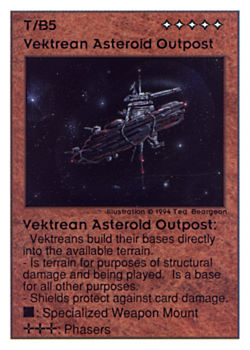 Need: 0    Want: 0    Have: 45 (+39)    Will Trade: 41    In Storage: 15              T/B5 ‑ Vektrean Asteroid Outpost (1/2)  Set: UE  Rarity: R2    Artist: Ted Beargeon    