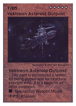 Need: 0    Want: 0    Have: 39 (+45)    Will Trade: 35    In Storage: 10              T/B5 ‑ Vektrean Asteroid Outpost (2/2)  Set: UE  Rarity: V3    Artist: Ted Beargeon    