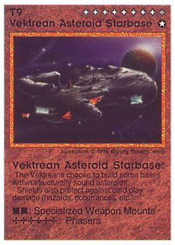 Need: 0    Want: 1    Have: 4 (+35)    Will Trade: 0    In Storage: 0              T/B9 ‑ Vektrean Asteroid Starbase  Set: PE  Rarity: V1    Artist: Randy 'Tarkas' Hoar    