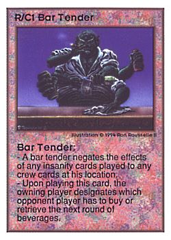Need: 0    Want: 0    Have: 97 (+38)    Will Trade: 93    In Storage: 50              R/C1 ‑ Bar Tender  Set: UE  Rarity: R1    Artist: Ron Rousselle II    
