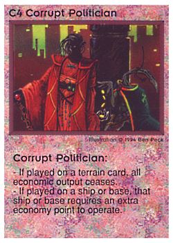 Need: 0    Want: 0    Have: 54 (+139)    Will Trade: 50    In Storage: 44              C4 ‑ Corrupt Politician  Set: PE  Rarity: U1    Artist: Ben Peck    