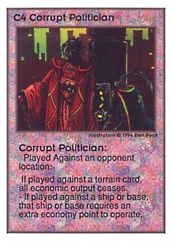 Need: 0    Want: 0    Have: 139 (+54)    Will Trade: 135    In Storage: 37              C4 ‑ Corrupt Politician  Set: UE  Rarity: U1    Artist: Ben Peck    