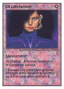 Need: 0    Want: 0    Have: 231 (+22)    Will Trade: 227    In Storage: 42              C4 ‑ Lieutenant  Set: UE  Rarity: U1    Artist: Lawrence Allen Williams    