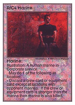 Need: 0    Want: 0    Have: 151 (+46)    Will Trade: 147    In Storage: 38              R/C4 ‑ Marine  Set: UE  Rarity: U1    Artist: John D. Matson    