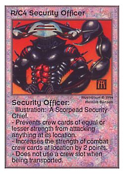 Need: 0    Want: 0    Have: 173 (+59)    Will Trade: 169    In Storage: 39              R/C4 ‑ Security Officer  Set: UE  Rarity: U1    Artist: Melissa A. Benson    
