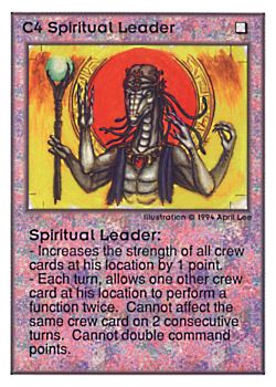 Need: 0    Want: 0    Have: 110 (+36)    Will Trade: 106    In Storage: 50              C4 ‑ Spiritual Leader  Set: UE  Rarity: R1    Artist: April Lee    