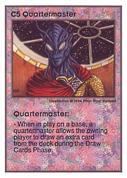 Need: 0    Want: 0    Have: 36 (+3)    Will Trade: 31    In Storage: 24              C5 ‑ Quartermaster  Set: UE  Rarity: V1    Artist: Paul 'Prof' Herbert    