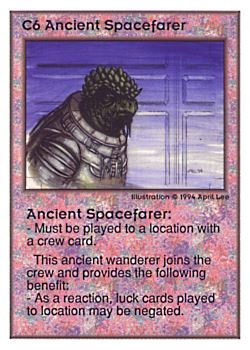 Need: 0    Want: 0    Have: 21 (+25)    Will Trade: 18    In Storage: 13              C6 ‑ Ancient Spacefarer  Set: UE  Rarity: V1    Artist: April Lee    