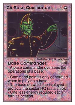 Need: 0    Want: 0    Have: 32 (+4)    Will Trade: 29    In Storage: 21              C6 ‑ Base Commander  Set: UE  Rarity: V1    Artist: Mark Poole    