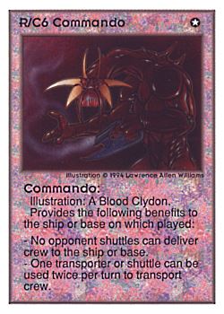 Need: 0    Want: 0    Have: 88 (+37)    Will Trade: 85    In Storage: 50              R/C6 ‑ Commando  Set: UE  Rarity: R1    Artist: Lawrence Allen Williams    
