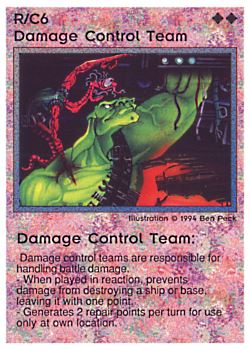 Need: 0    Want: 0    Have: 22 (+105)    Will Trade: 19    In Storage: 14              R/C6 ‑ Damage Control Team  Set: PE  Rarity: R1    Artist: Ben Peck    
