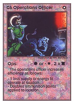 Need: 0    Want: 0    Have: 101 (+36)    Will Trade: 98    In Storage: 50              C6 ‑ Operations Officer ‑ Ops  Set: UE  Rarity: R1    Artist: Ben Peck    