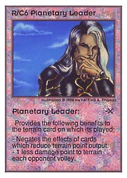 Need: 0    Want: 0    Have: 108 (+6)    Will Trade: 105    In Storage: 50              R/C6 ‑ Planetary Leader  Set: UE  Rarity: R1    Artist: Ne'Ne Tina A. Thomas    