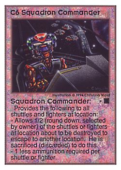 Need: 0    Want: 0    Have: 108 (+6)    Will Trade: 105    In Storage: 50              C6 ‑ Squadron Commander  Set: UE  Rarity: R1    Artist: Christina Wald    