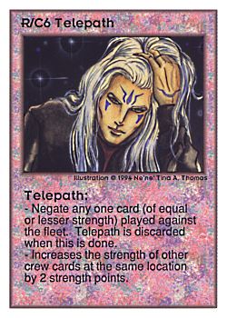 Need: 0    Want: 0    Have: 19 (+7)    Will Trade: 16    In Storage: 11              R/C6 ‑ Telepath  Set: UE  Rarity: V1    Artist: Ne'Ne Tina A. Thomas    