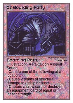 Need: 0    Want: 0    Have: 23 (+7)    Will Trade: 20    In Storage: 15              C7 ‑ Boarding Party  Set: UE  Rarity: V1    Artist: April Lee    