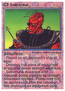 Need: 0    Want: 0    Have: 36 (+99)    Will Trade: 33    In Storage: 29              C7 ‑ Saboteur (Large Text)  Set: PE  Rarity: R1    Artist: Mark Poole    