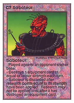Need: 0    Want: 0    Have: 98 (+37)    Will Trade: 95    In Storage: 50              C7 ‑ Saboteur  Set: UE  Rarity: R1    Artist: Mark Poole    