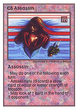 Need: 0    Want: 0    Have: 26 (+7)    Will Trade: 24    In Storage: 16              C8 ‑ Assassin  Set: UE  Rarity: V1    Artist: Melissa A. Benson    