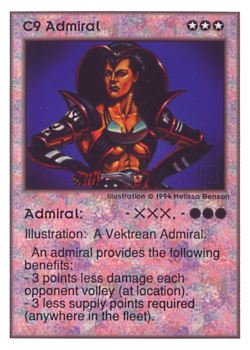 Need: 0    Want: 0    Have: 23 (+5)    Will Trade: 21    In Storage: 13              C9 ‑ Admiral  Set: UE  Rarity: V1    Artist: Melissa A. Benson    