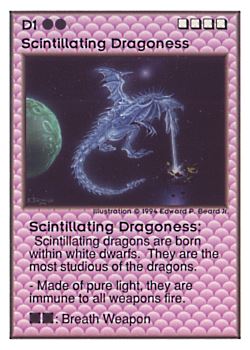 Need: 0    Want: 0    Have: 88 (+29)    Will Trade: 84    In Storage: 33              D1 ‑ Scintillating Dragoness  Set: UE  Rarity: R4    Artist: Edward P. Beard Jr.    