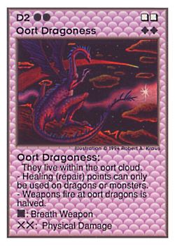 Need: 0    Want: 0    Have: 45 (+37)    Will Trade: 41    In Storage: 15              D2 ‑ Oort Dragoness  Set: UE  Rarity: V4    Artist: Robert A. Kraus    
