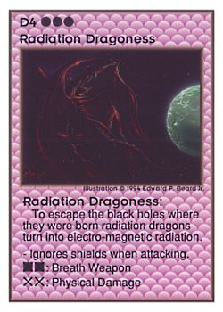 Need: 0    Want: 0    Have: 44 (+21)    Will Trade: 40    In Storage: 12              D4 ‑ Radiation Dragoness  Set: UE  Rarity: V4    Artist: Edward P. Beard Jr.    