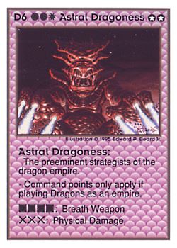 Need: 0    Want: 0    Have: 32 (+14)    Will Trade: 29    In Storage: 3              D6 ‑ Astral Dragoness  Set: UE  Rarity: V4    Artist: Edward P. Beard Jr.    