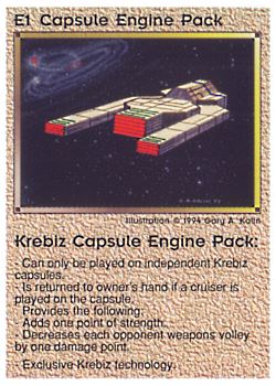 Need: 0    Want: 0    Have: 36    Will Trade: 28    In Storage: 30              E1 ‑ Capsule Engine Pack ‑ Krebiz Capsule Engine Pack  Set: PE  Rarity: U1    Artist: Gary A. Kalin    