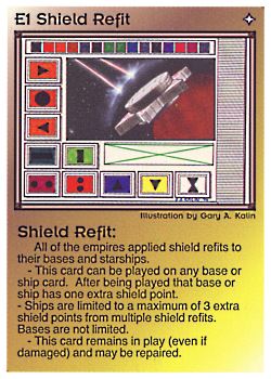 Need: 0    Want: 0    Have: 3 (+198)    Will Trade: 0    In Storage: 1              E1 ‑ Shield Refit (2nd Print)  Set: PE  Rarity: U2    Artist: Gary A. Kalin    