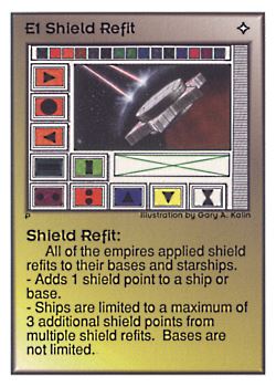 Need: 0    Want: 0    Have: 140 (+61)    Will Trade: 136    In Storage: 38              E1 ‑ Shield Refit  Set: UE  Rarity: U1    Artist: Gary A. Kalin    