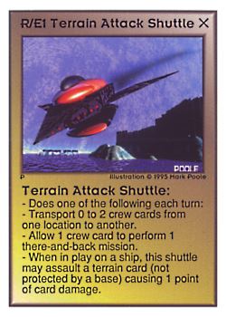 Need: 0    Want: 0    Have: 144 (+132)    Will Trade: 140    In Storage: 35              R/E1 ‑ Terrain Attack Shuttle  Set: UE  Rarity: U1    Artist: Mark Poole    